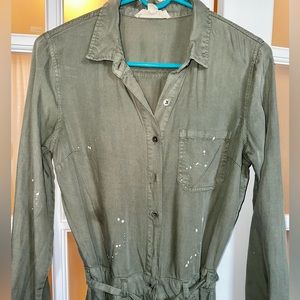 Lovestitch Olive Green Jumpsuit with White Paint Splatter.